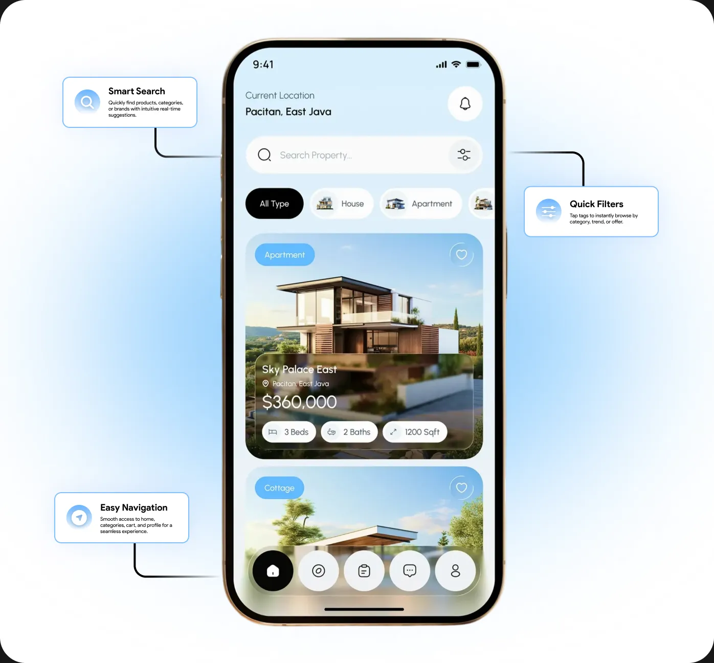 The app home screen with smart search, quick filters and easy navigation called out