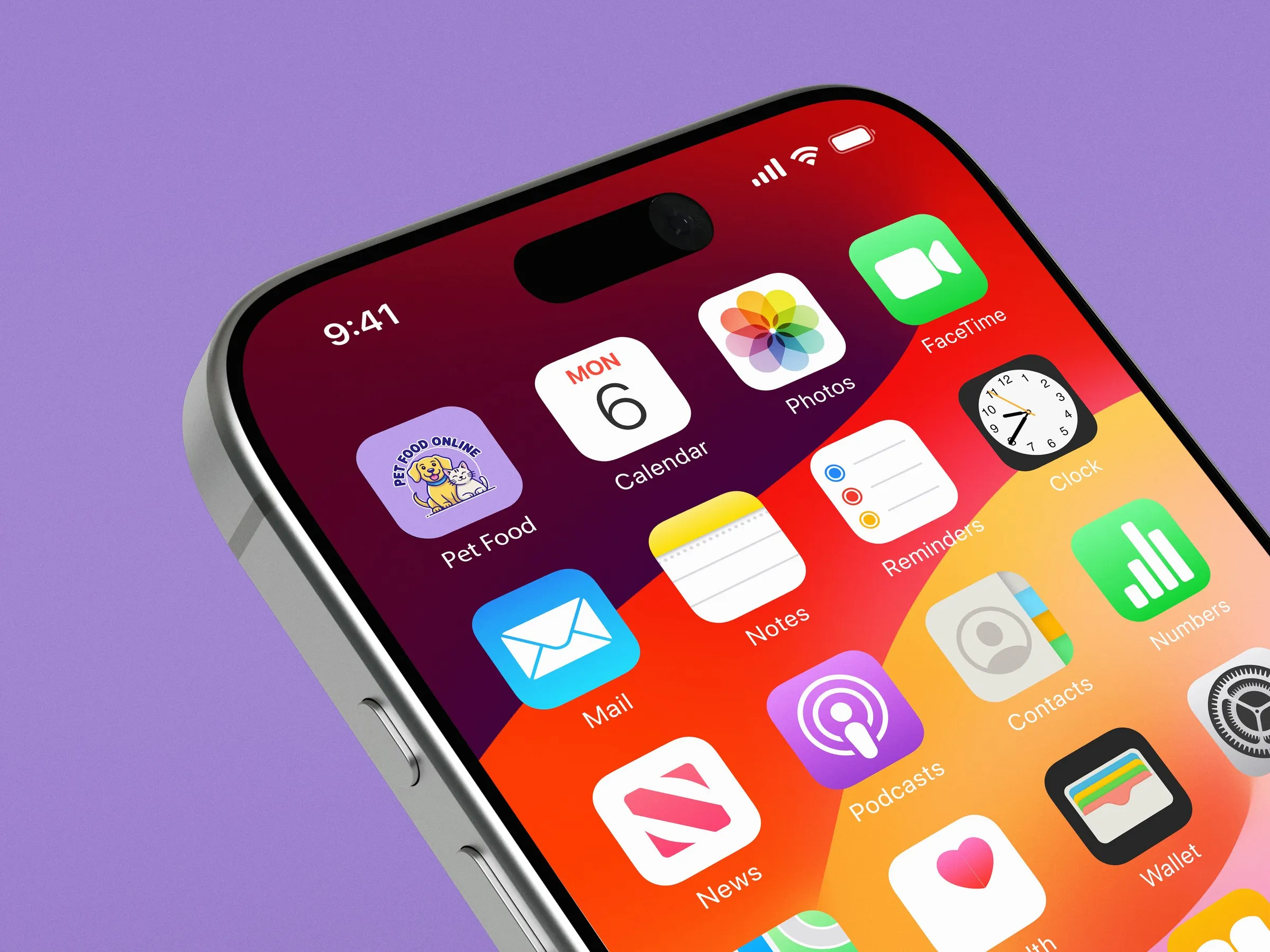 Close-up of a phone home screen with the Pet Food Online app icon beside Calendar and Photos, on a purple background