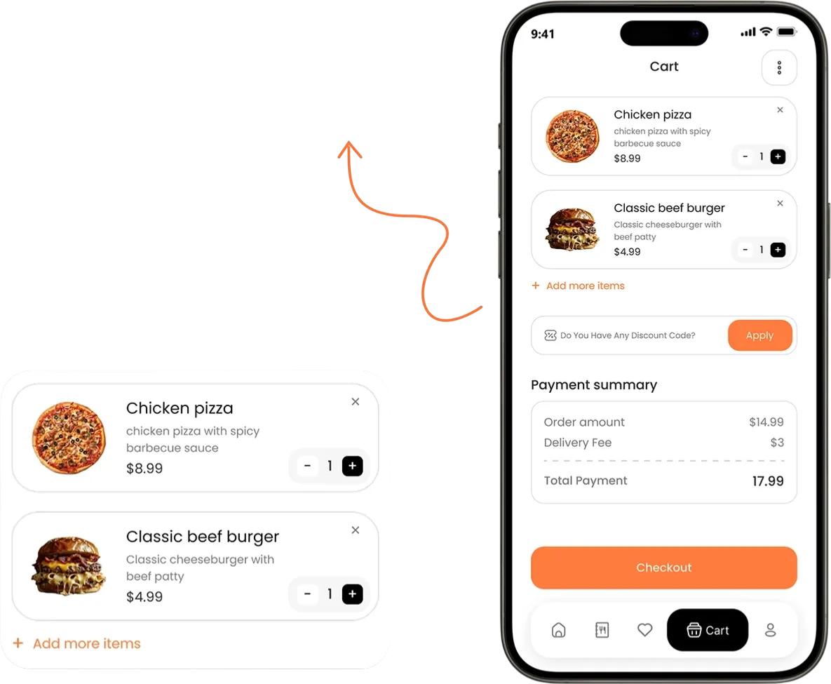 FastFeast cart screen with a chicken pizza and a classic beef burger, a discount code field, payment summary and Checkout button
