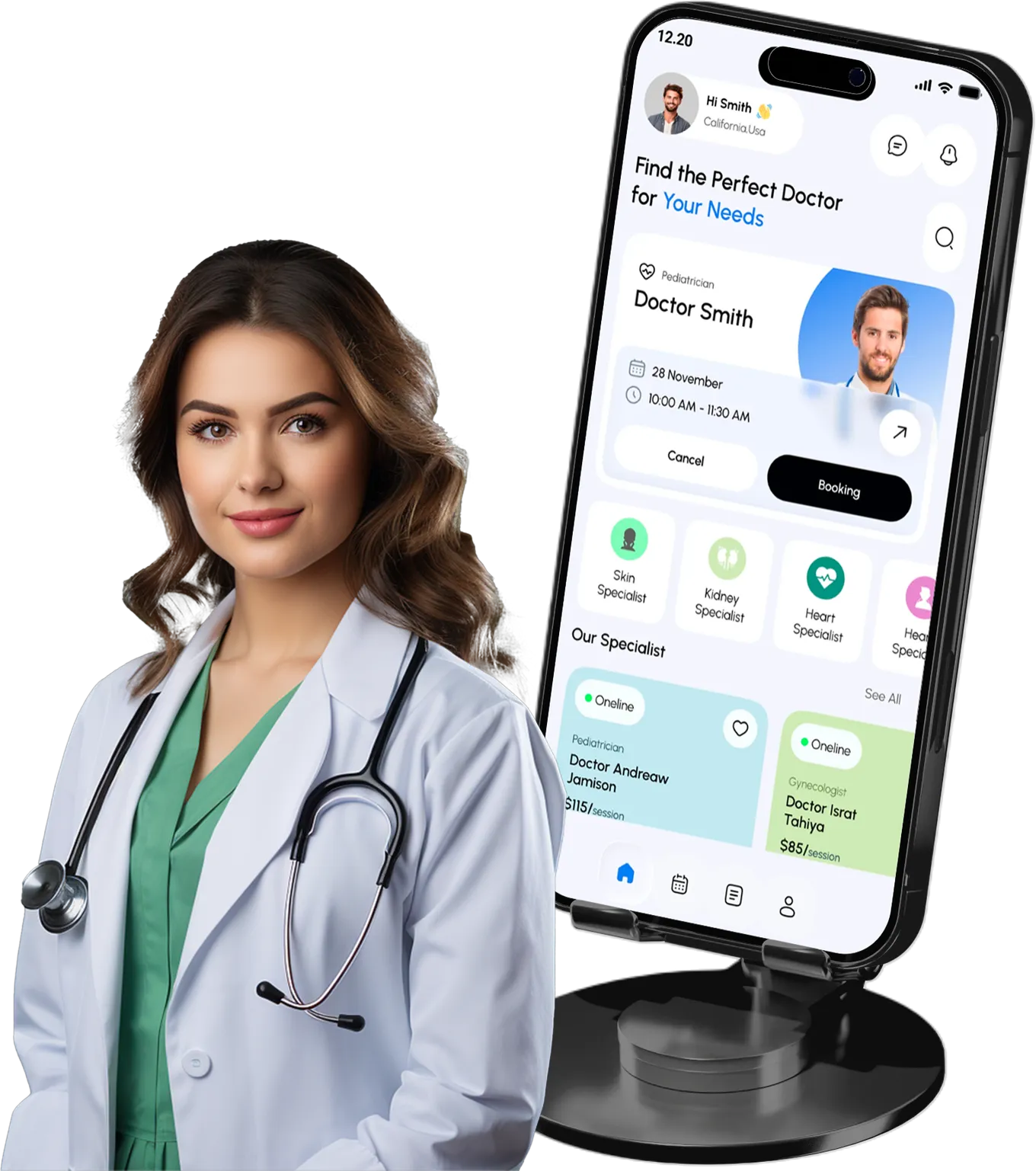 A doctor in a white coat beside a phone on a stand showing the MediBook home screen for finding a doctor