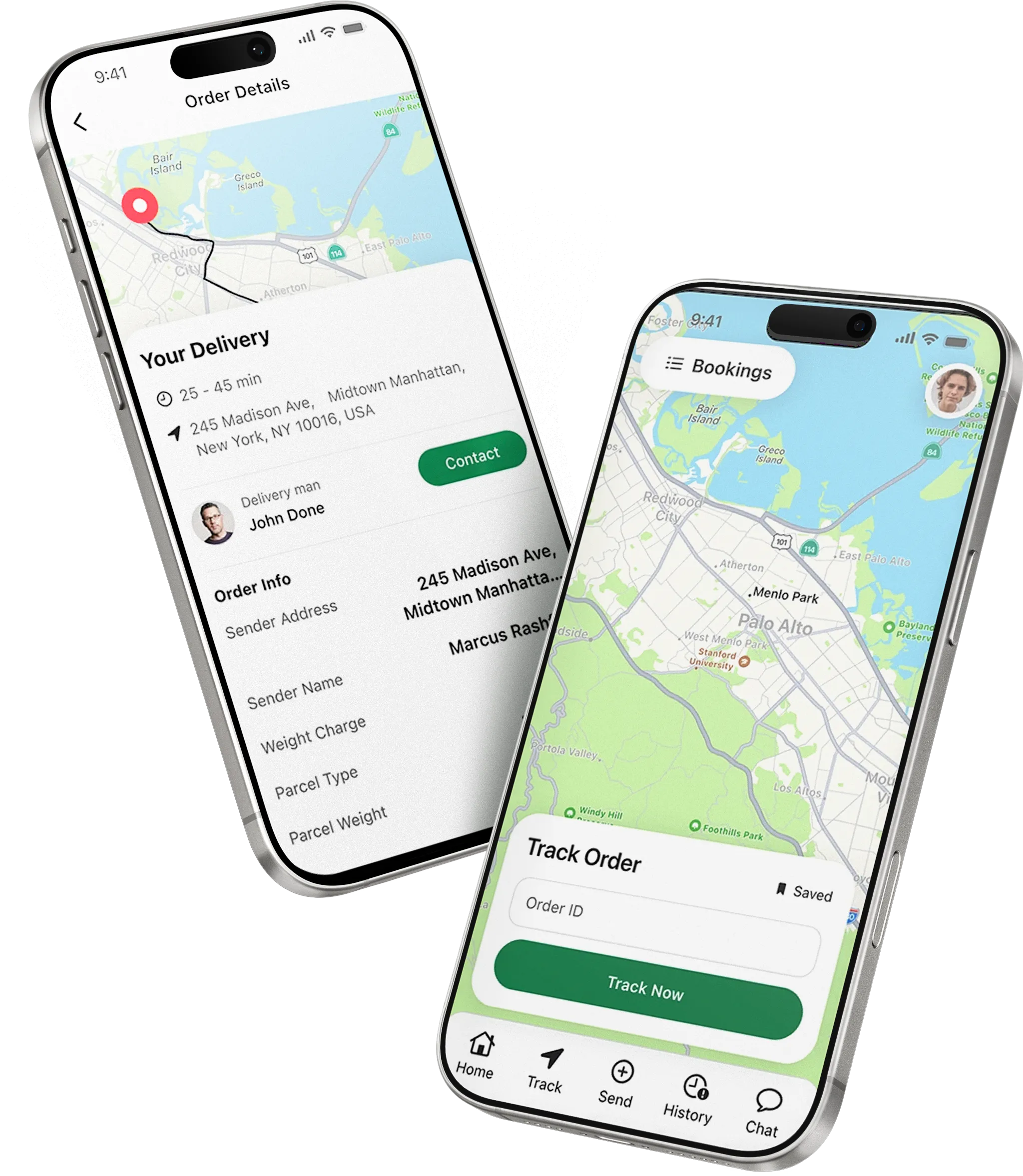 Two Tracklio phones: an order details screen with the delivery route and courier, and a map with the Track Order panel