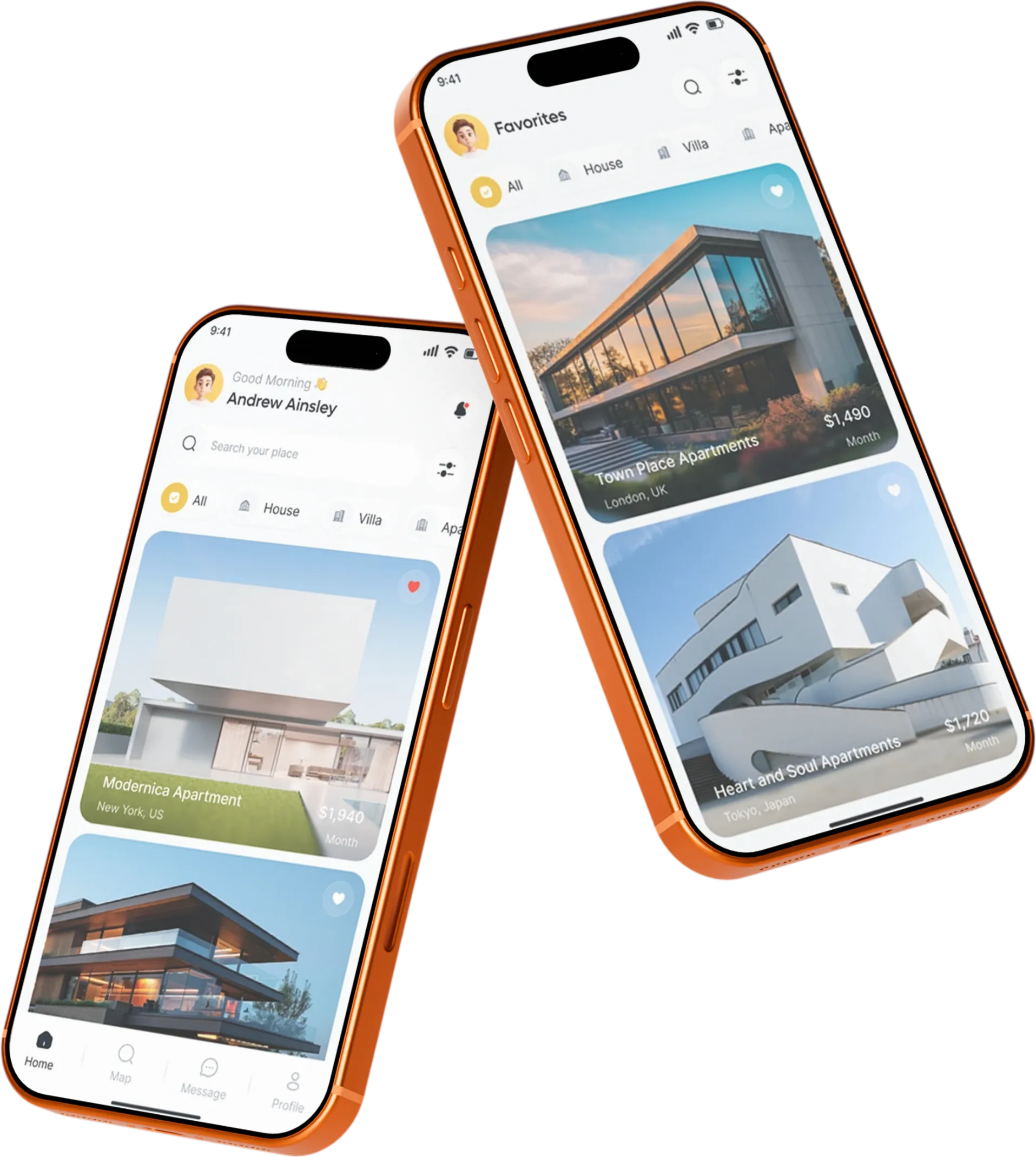 Two Realvia phones in orange cases showing the home feed and saved favourite properties