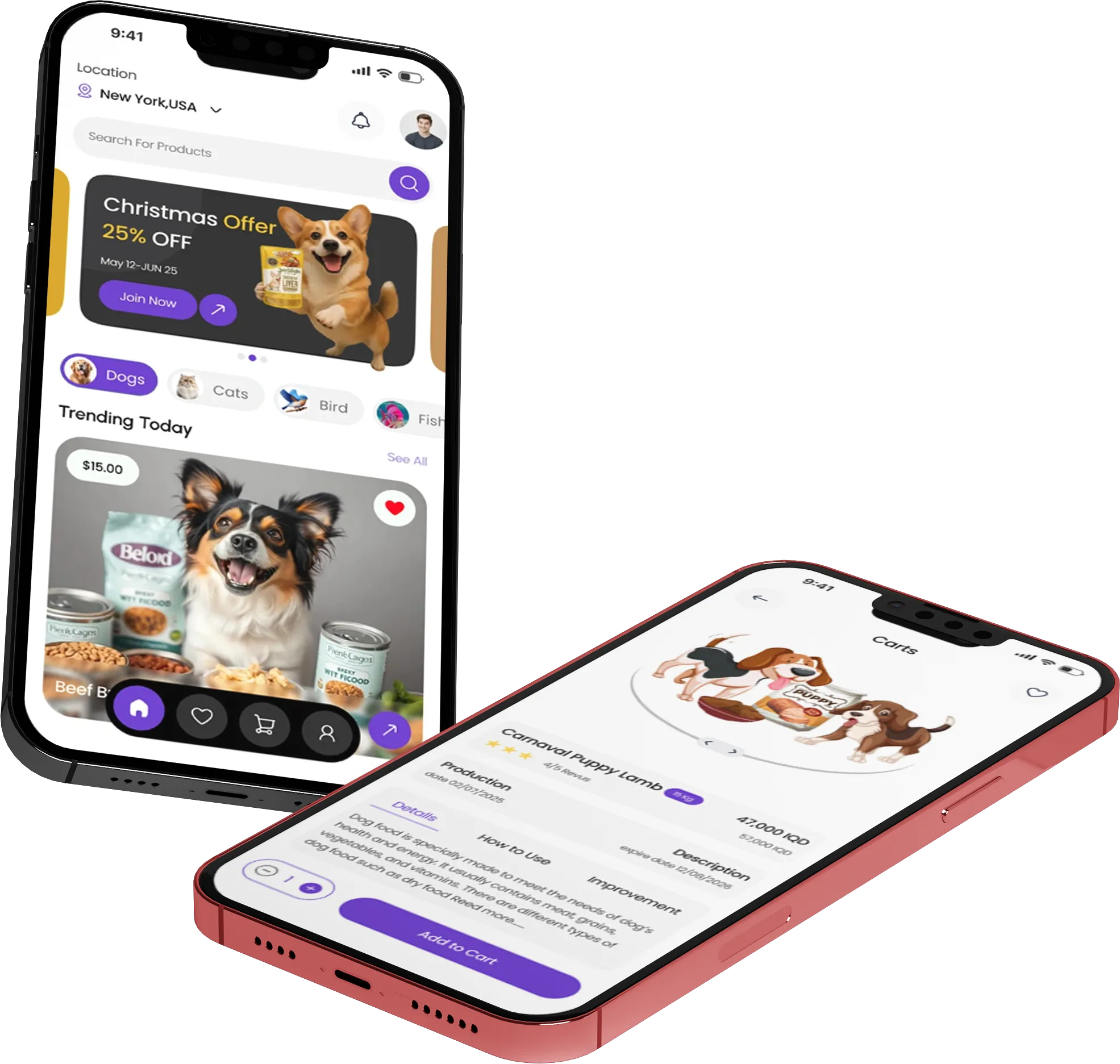Two floating phones showing the Pet Food Online home screen with a Christmas offer and the Carnaval Puppy Lamb product page
