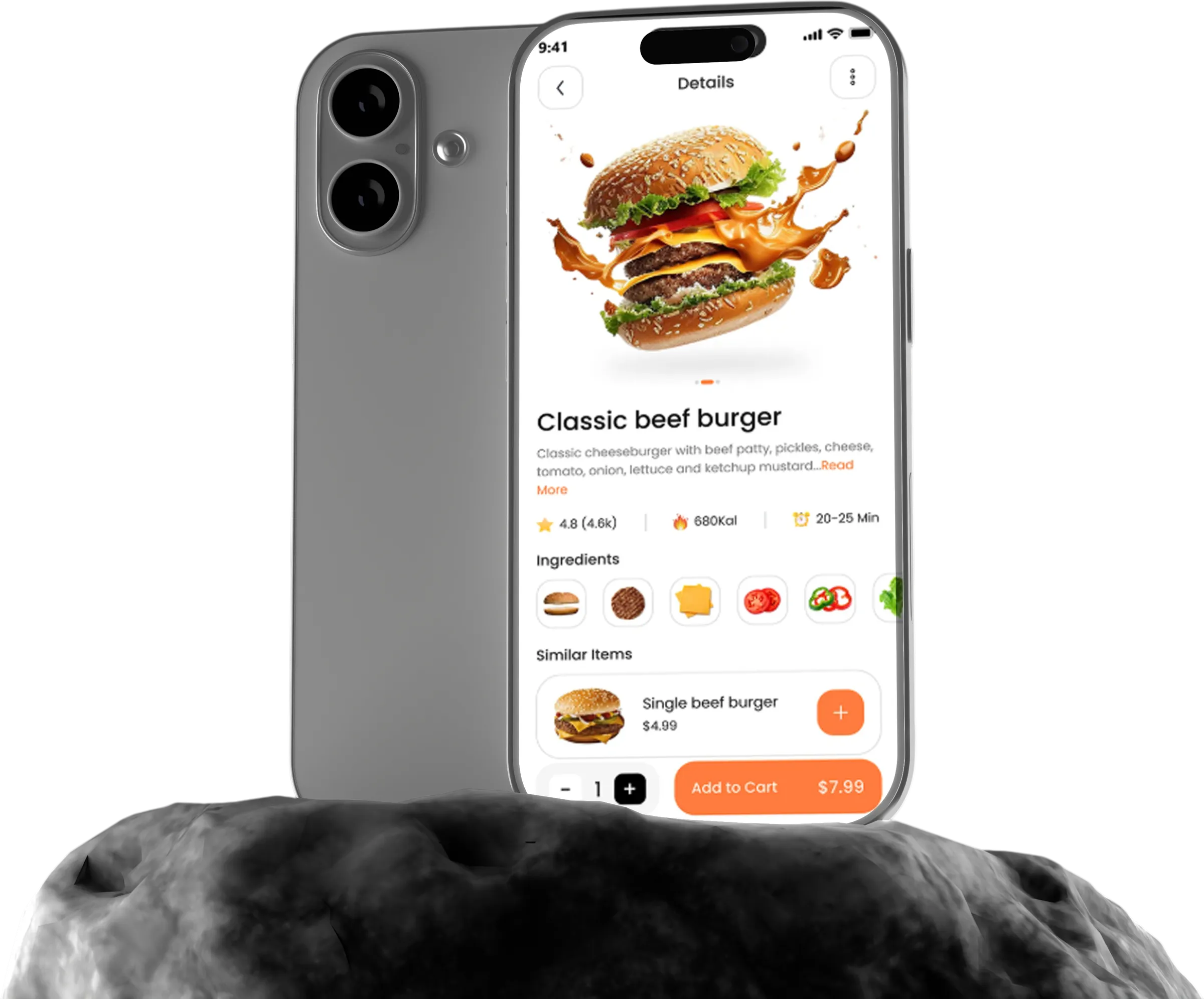 FastFeast app on a phone resting on a rock, showing the Classic beef burger details screen with ingredients and Add to Cart