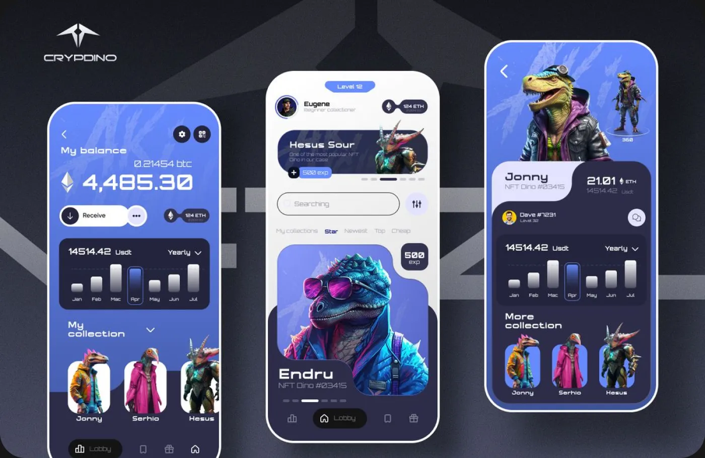 Cryptodino NFT wallet app screens