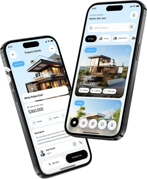 The property details and listings screens on two floating phones