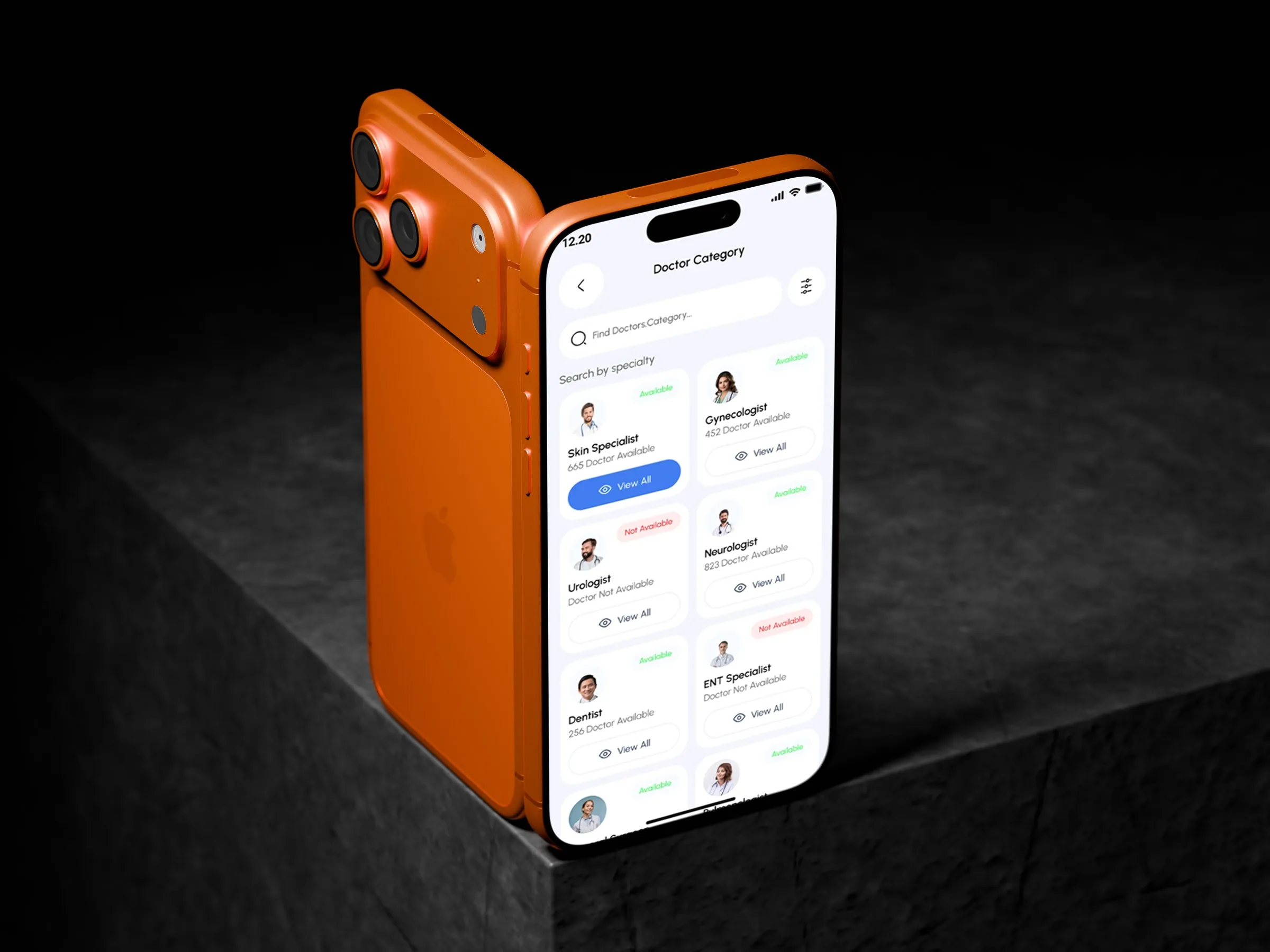 An orange phone on a dark block showing the MediBook Doctor Category screen