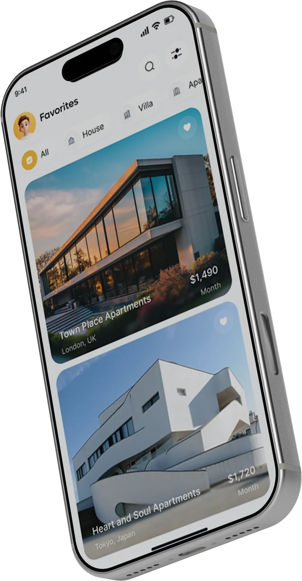 Realvia favourites screen on a phone with Town Place Apartments and Heart and Soul Apartments listings