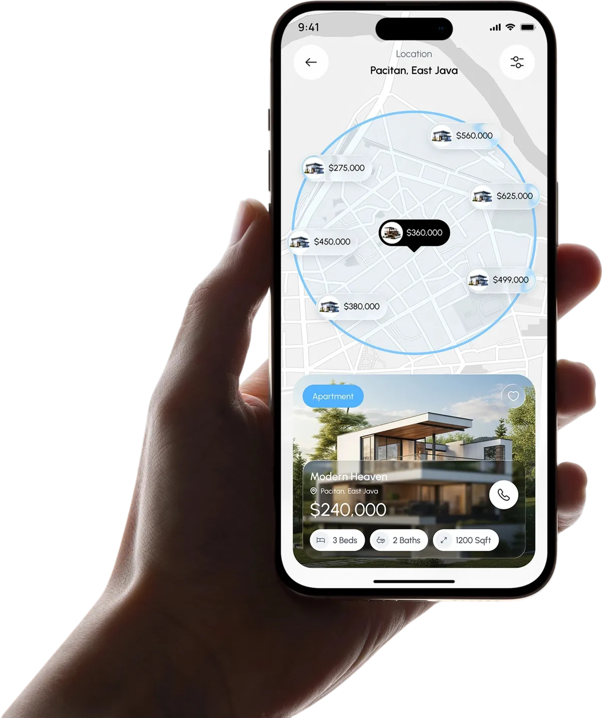 A hand holding the app on its map view, with property prices pinned around the area