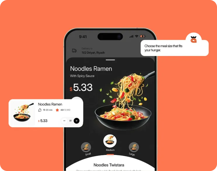 Fastfood app showing a noodle dish ready to order