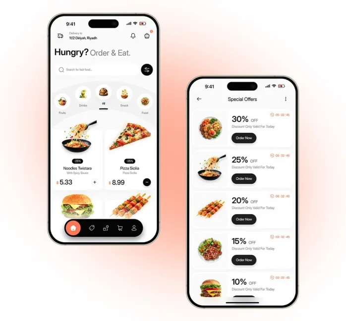 Fastfood restaurant list and special offers screens