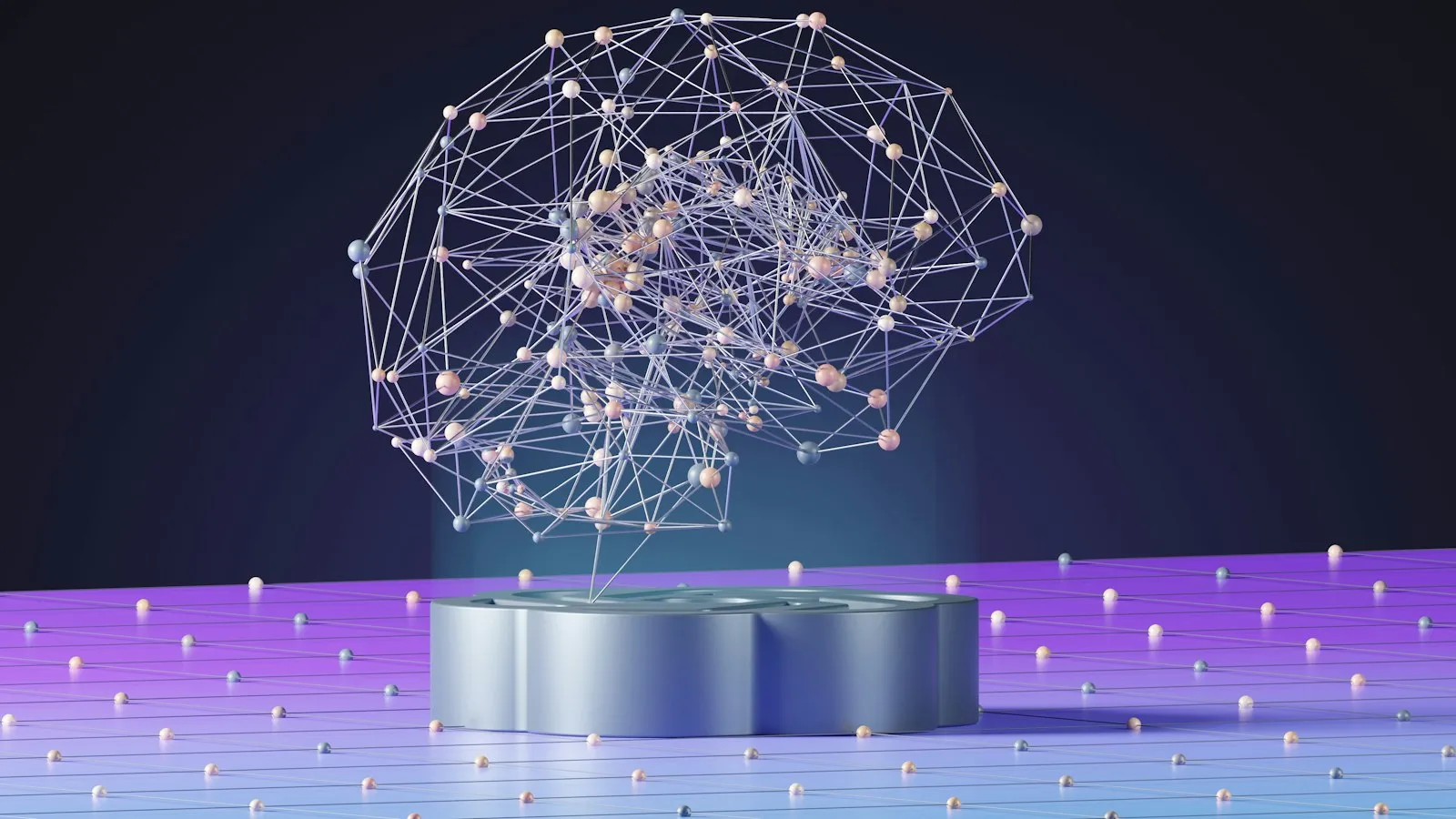A glowing wireframe brain hovering above a platform