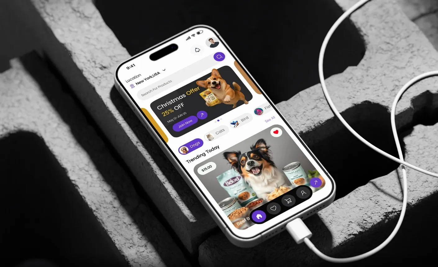 Phone on a concrete block showing the Pet Food Online home screen with a Christmas offer, pet categories and Trending Today products