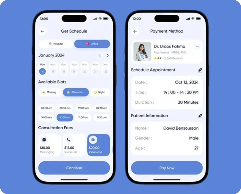 Appointment scheduling and payment screens