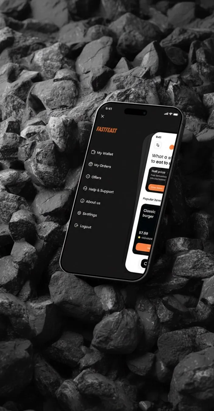 FastFeast app on a phone lying on dark rocks, with the side menu open showing My Wallet, My Orders, Offers and Settings