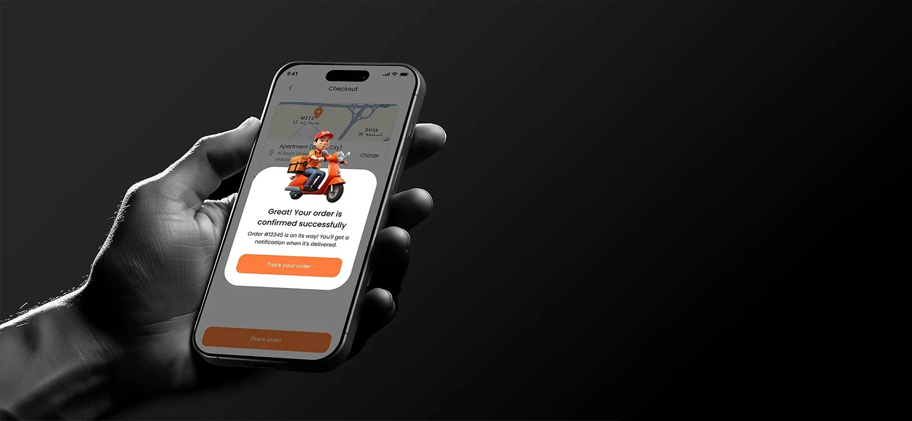 A hand holding a phone showing the FastFeast order confirmation with a delivery scooter illustration and a Track your order button