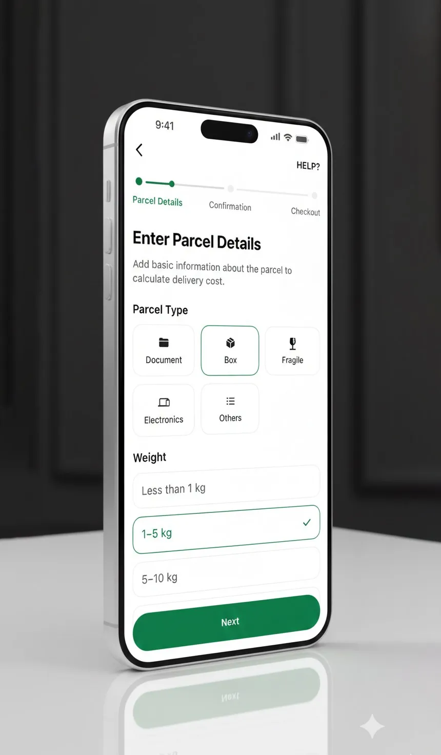 Tracklio Enter Parcel Details screen on a phone, with parcel type and weight options