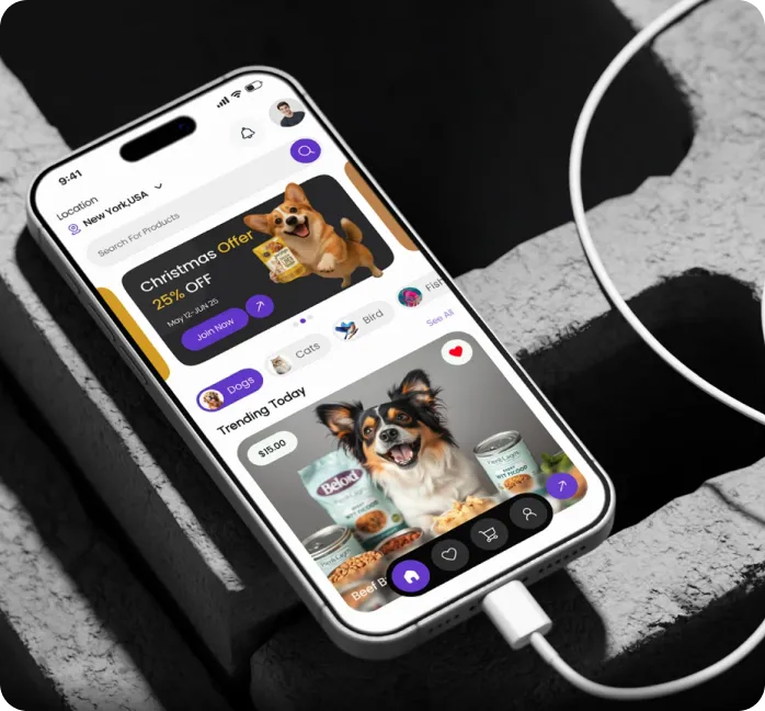 Pet Land shopping app on a phone