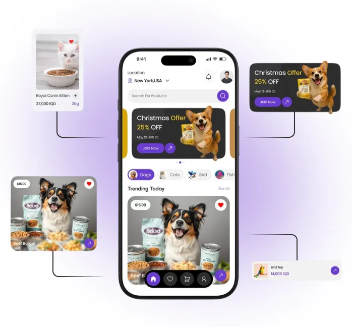 Pet Land home screen with offers and trending products