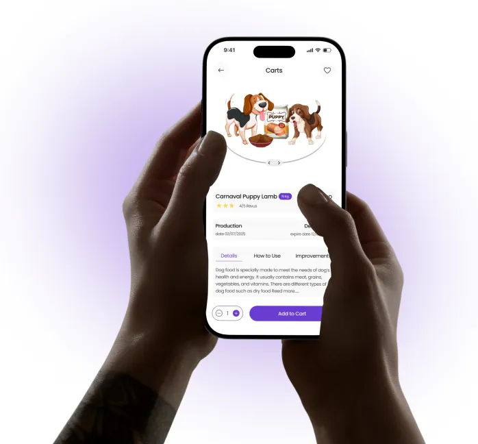 Pet Land product page on a phone held in two hands