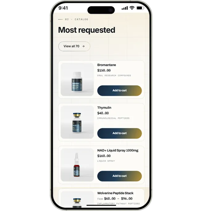 Most requested products screen in the Real Peptides store