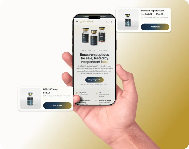 Real Peptides store on a phone showing research peptides for sale
