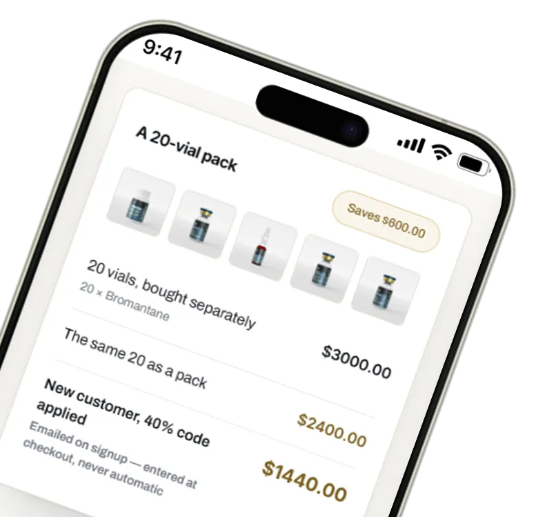 Pack pricing screen showing savings on a 20-vial pack