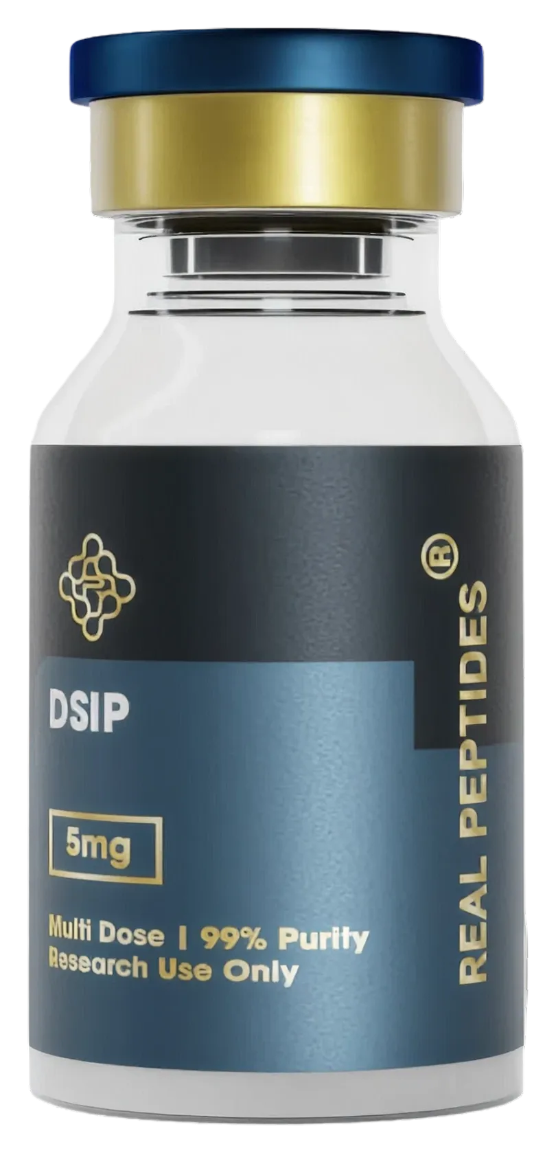 A Real Peptides DSIP research vial with the gold and navy label