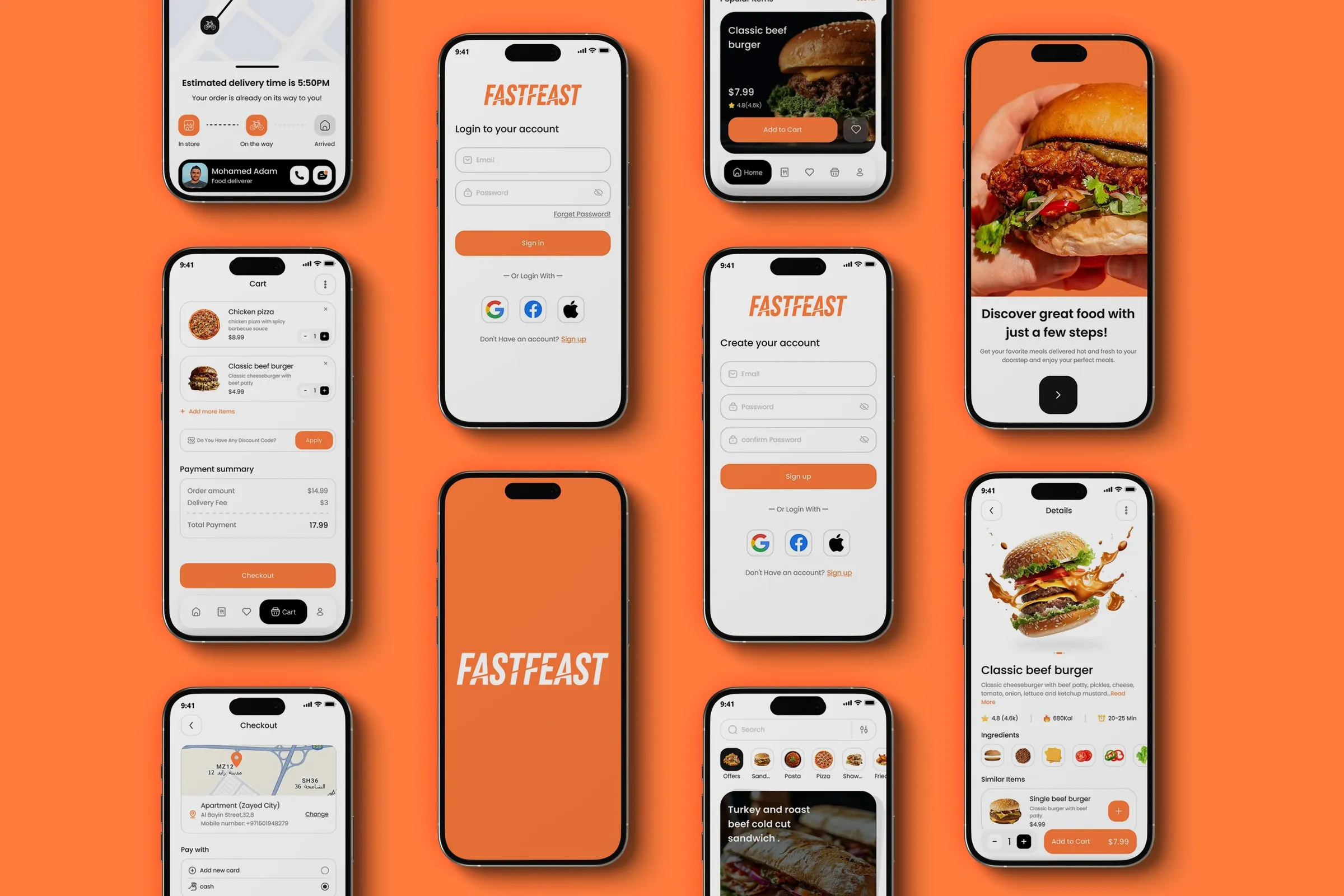 A grid of FastFeast app screens on an orange background: splash screen, sign-in and sign-up, burger details, cart, checkout and delivery tracking