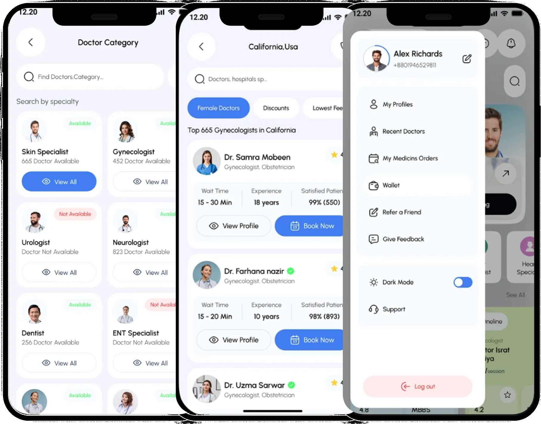 Three MediBook screens: doctor categories by specialty, a list of gynecologists in California with Book Now buttons, and the profile menu
