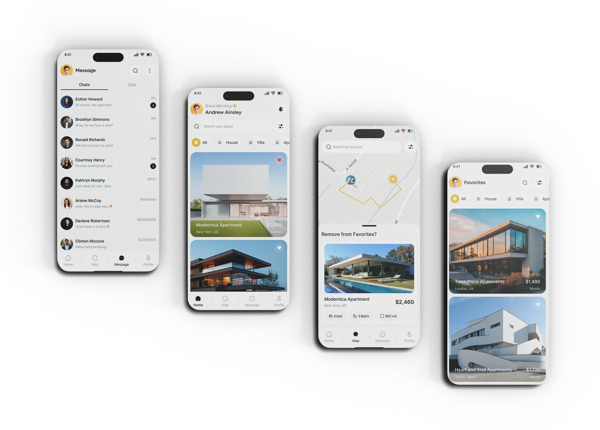 Four Realvia phone screens: messages, home feed, map search with a listing, and favourites