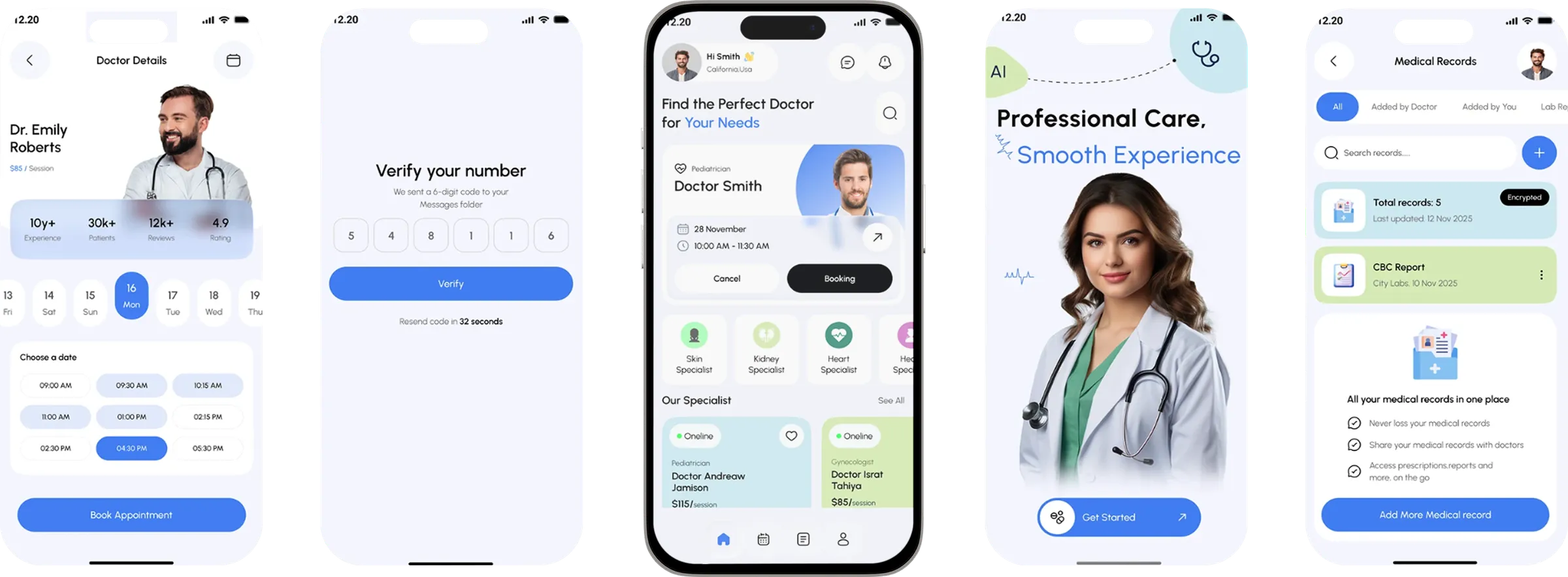 Five MediBook screens: doctor details with time slots, phone number verification, the home screen, a welcome screen and medical records