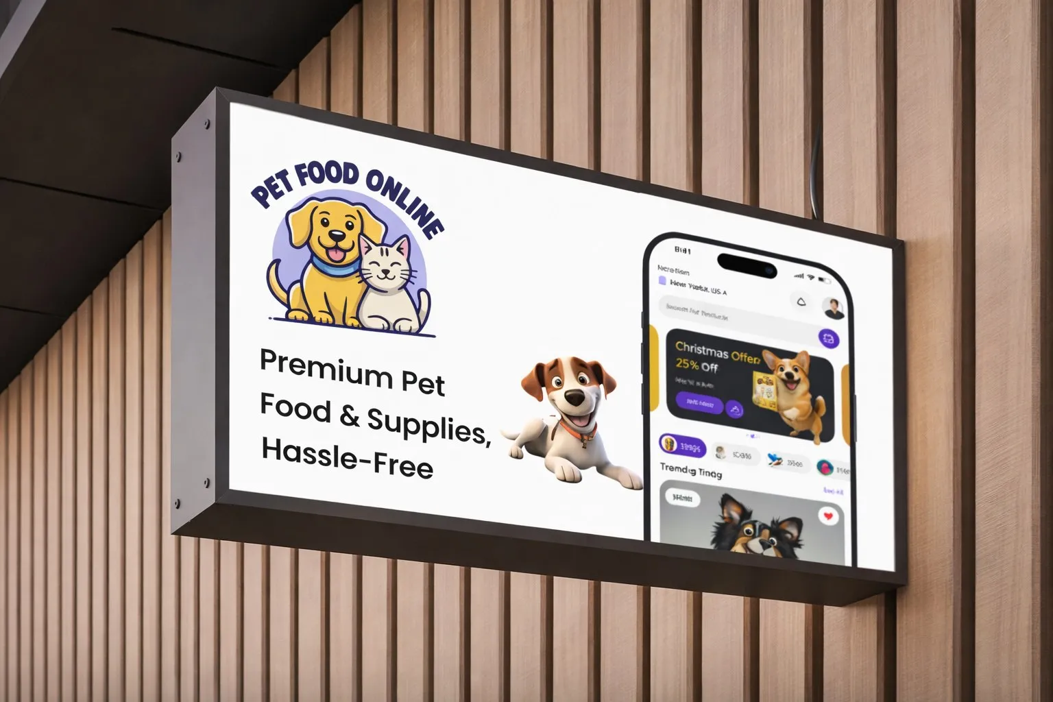 Wall-mounted lightbox sign with the Pet Food Online logo, “Premium Pet Food & Supplies, Hassle-Free” and the app home screen