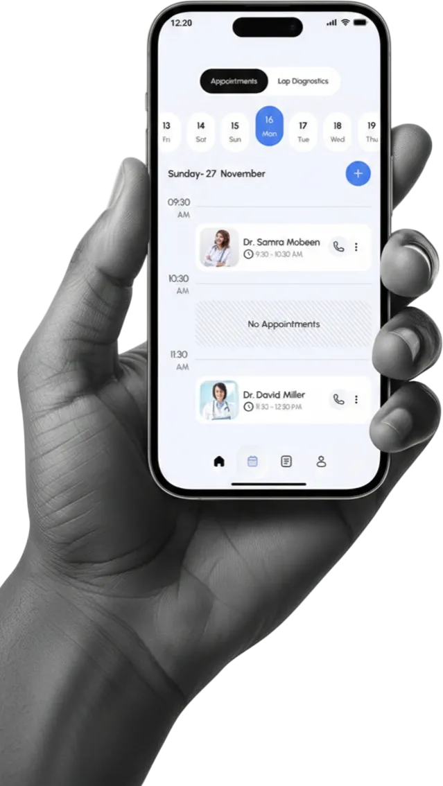 A hand holding a phone showing the MediBook appointments calendar with booked doctor visits