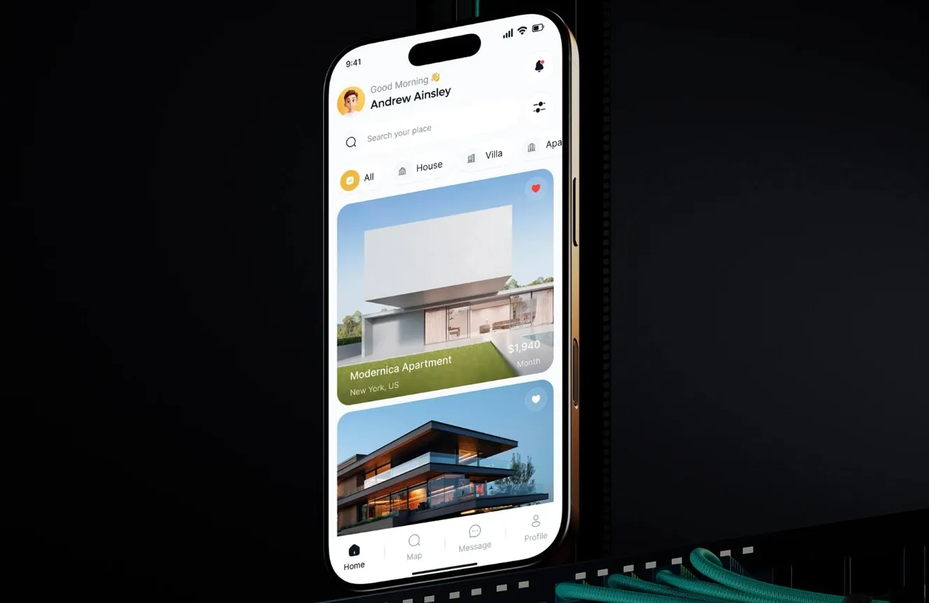 Realvia home feed on a phone against a dark background, showing property type filters and apartment listings