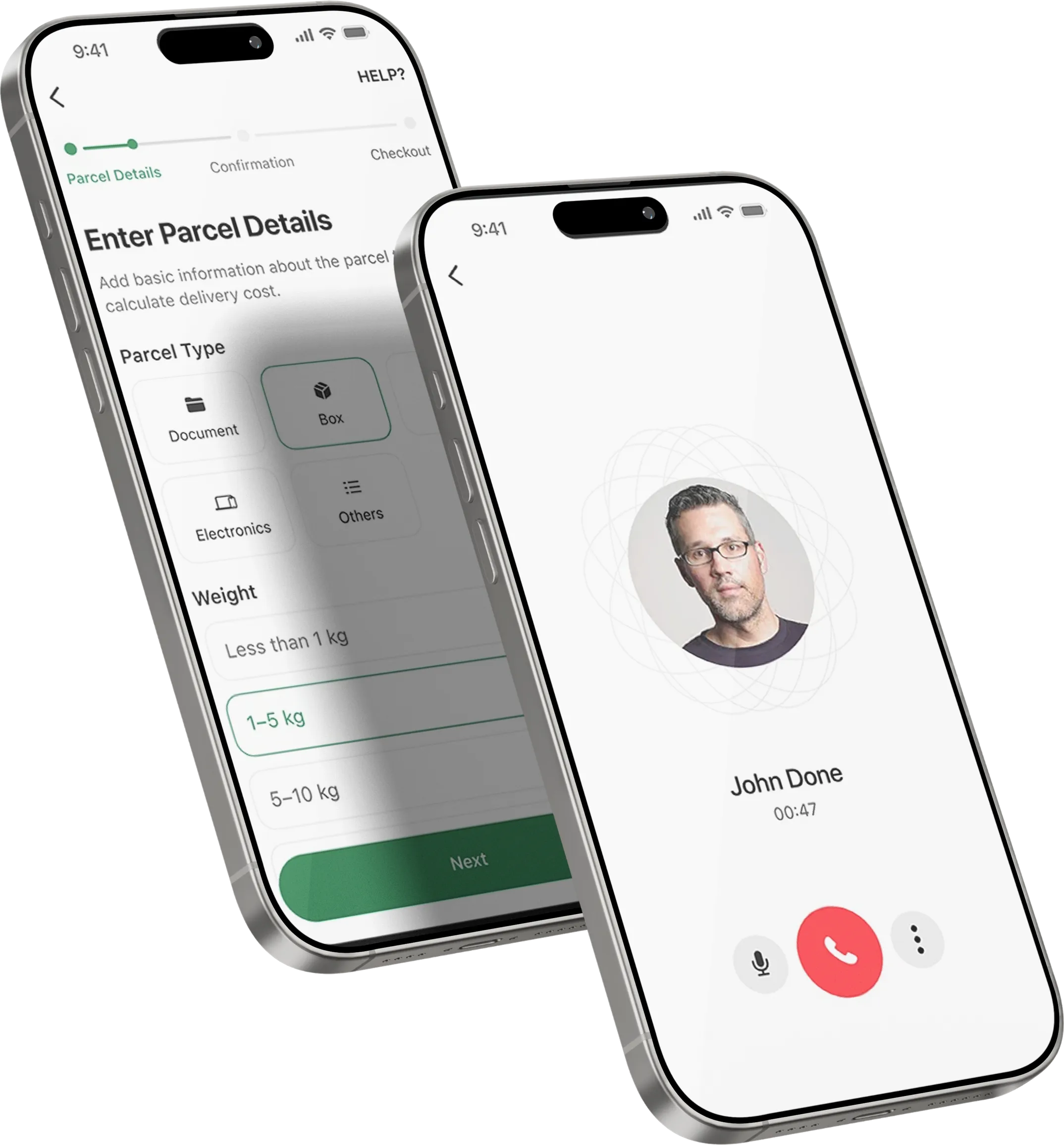 Two Tracklio phones: the parcel details form and an in-app voice call with the courier