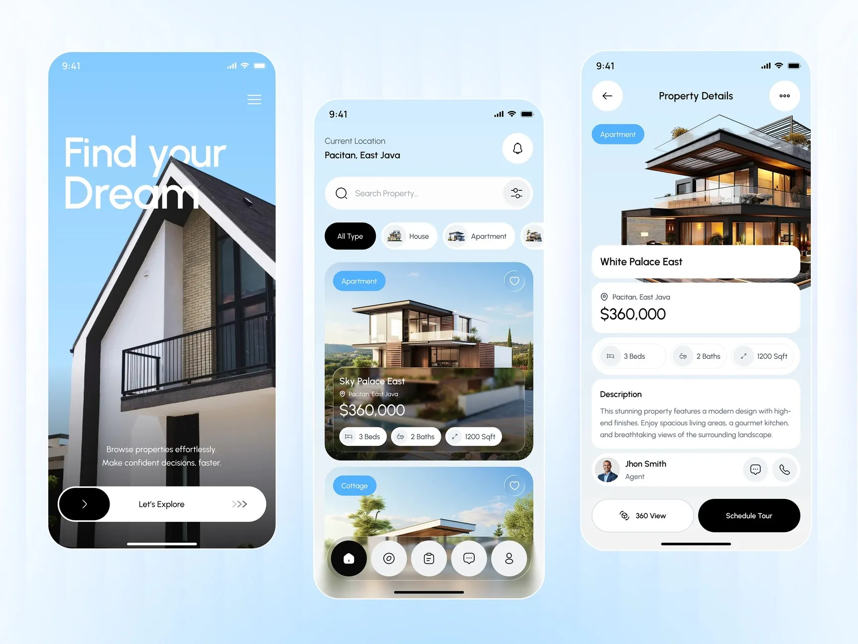 Three app screens: the welcome screen, the listings feed and a property details page